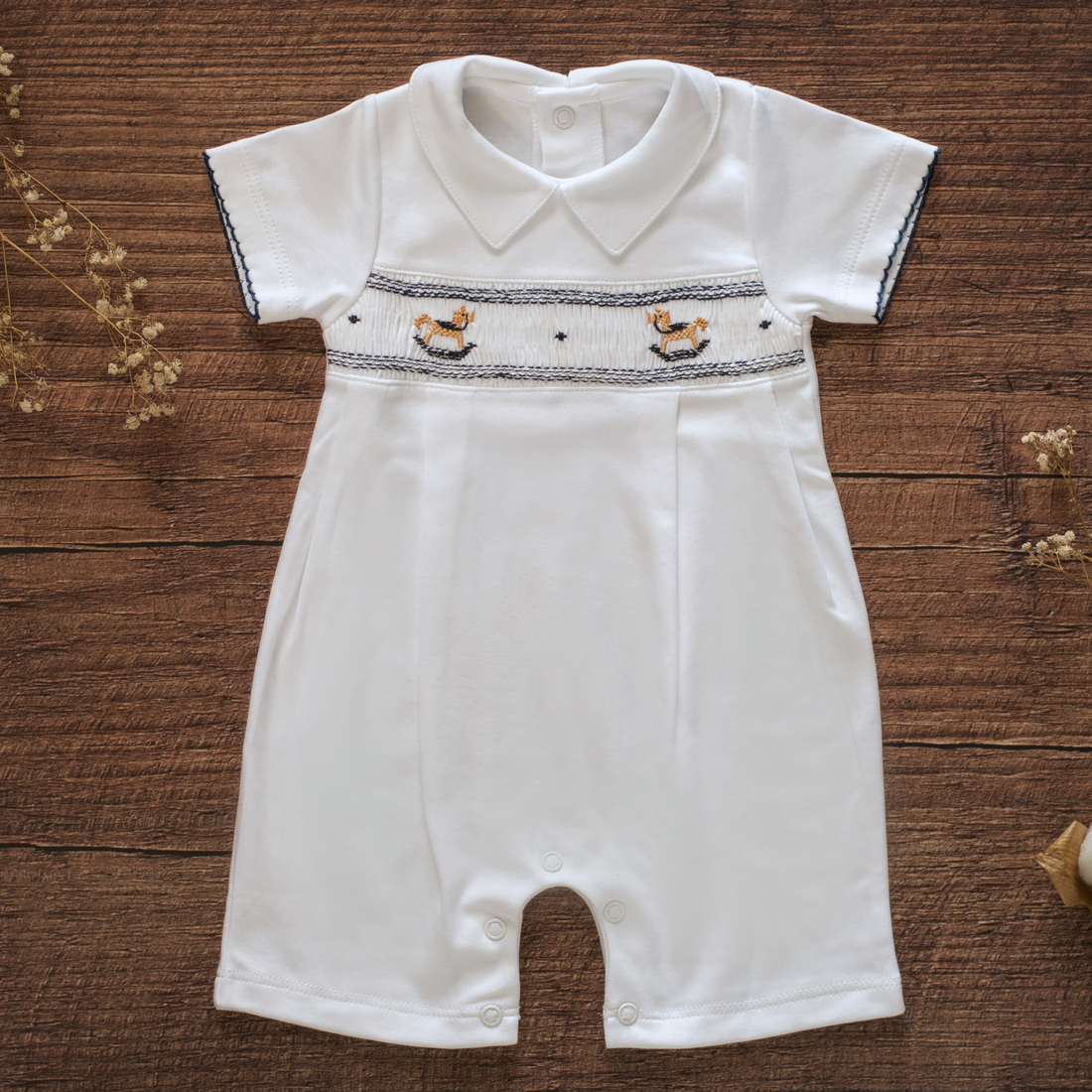 Navy Rocking Horses Smocked Romper