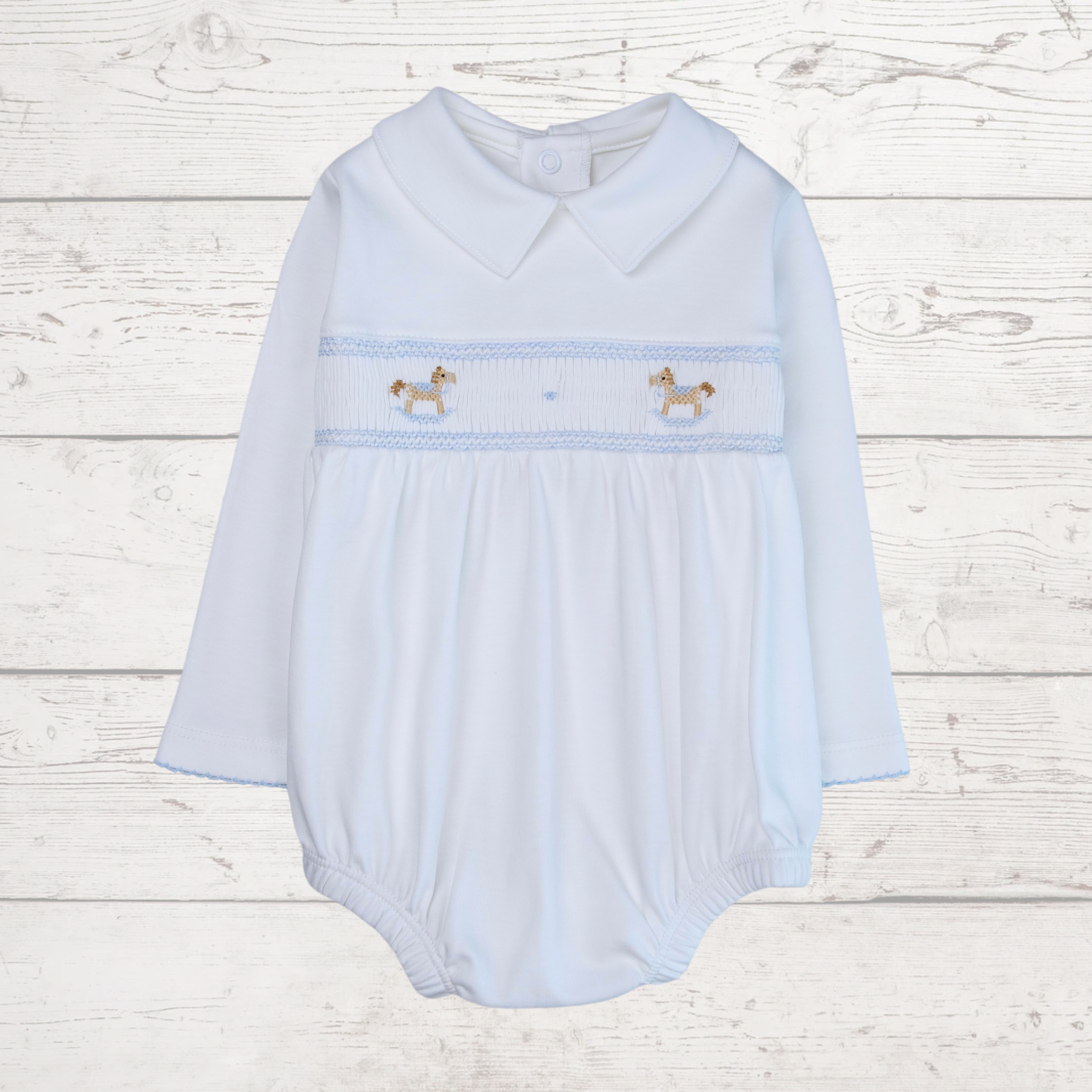 Blue Rocking Horses Smocked Bubble