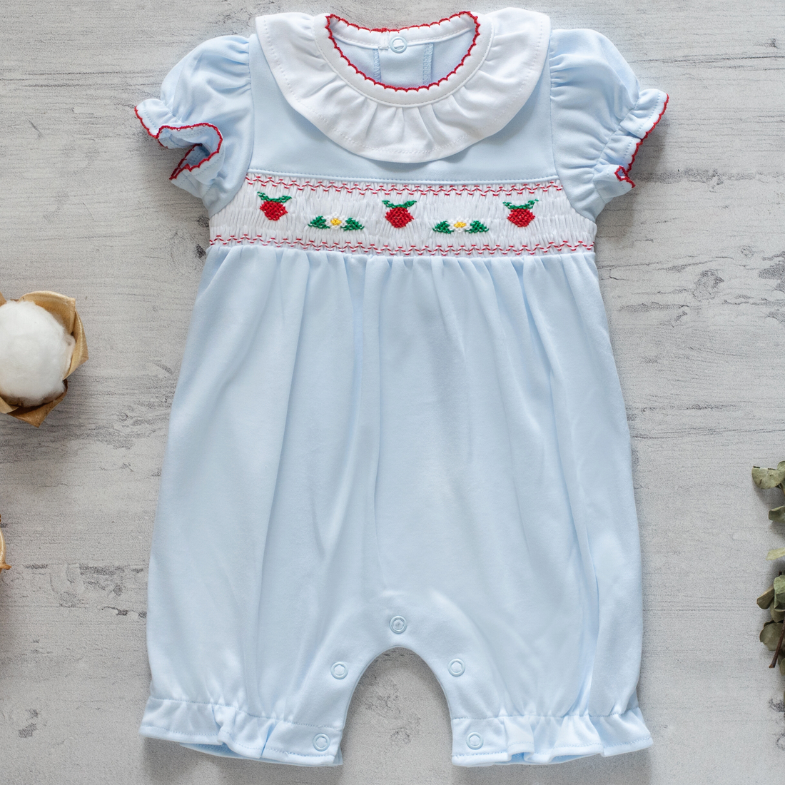 Strawberry Daisy Smocked Baby Romper