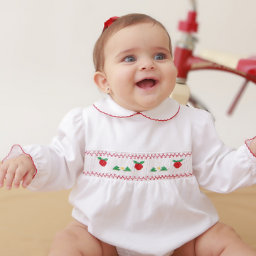 Strawberry Daisy in White Smocked Baby Bubble