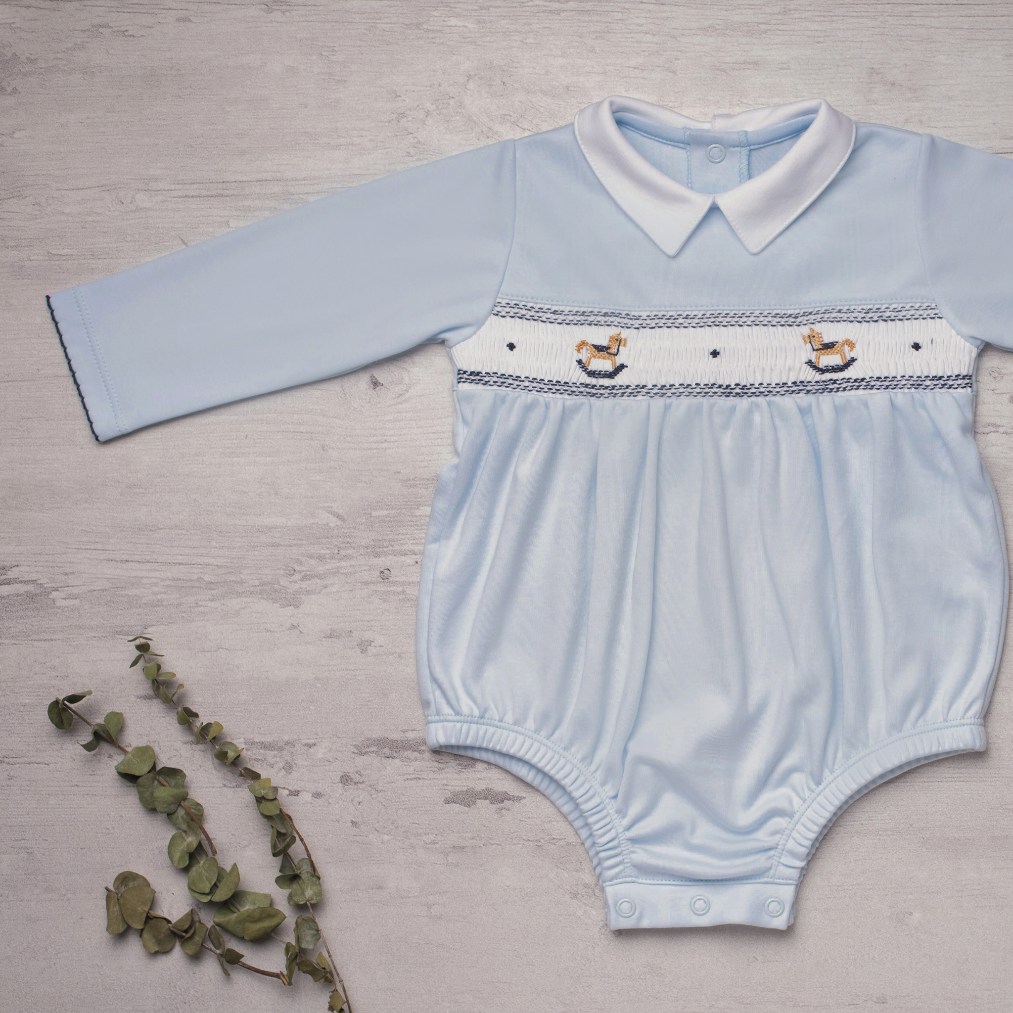 Navy Rocking Horses Smocked Bubble