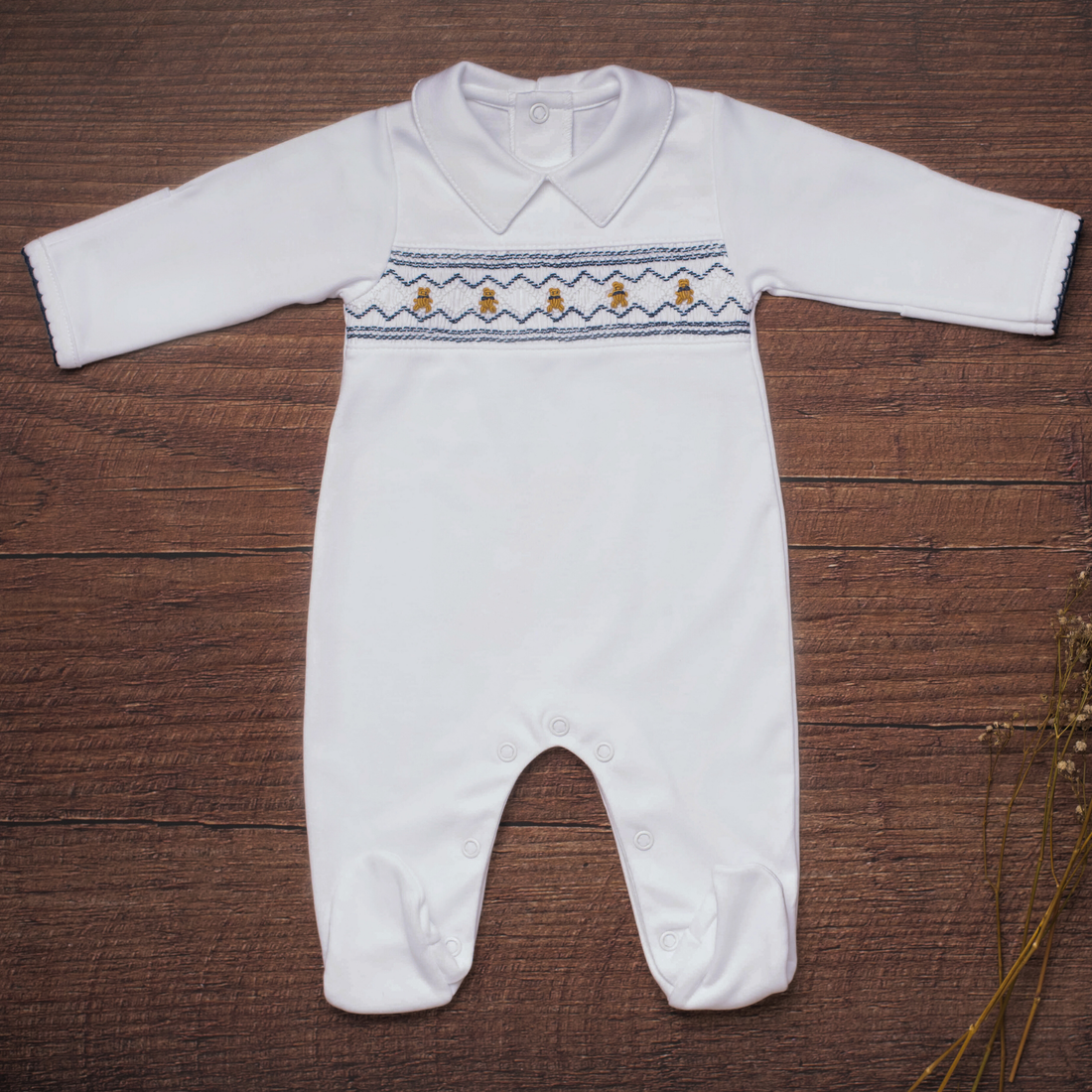 Bears in Navy White Smocked Footie